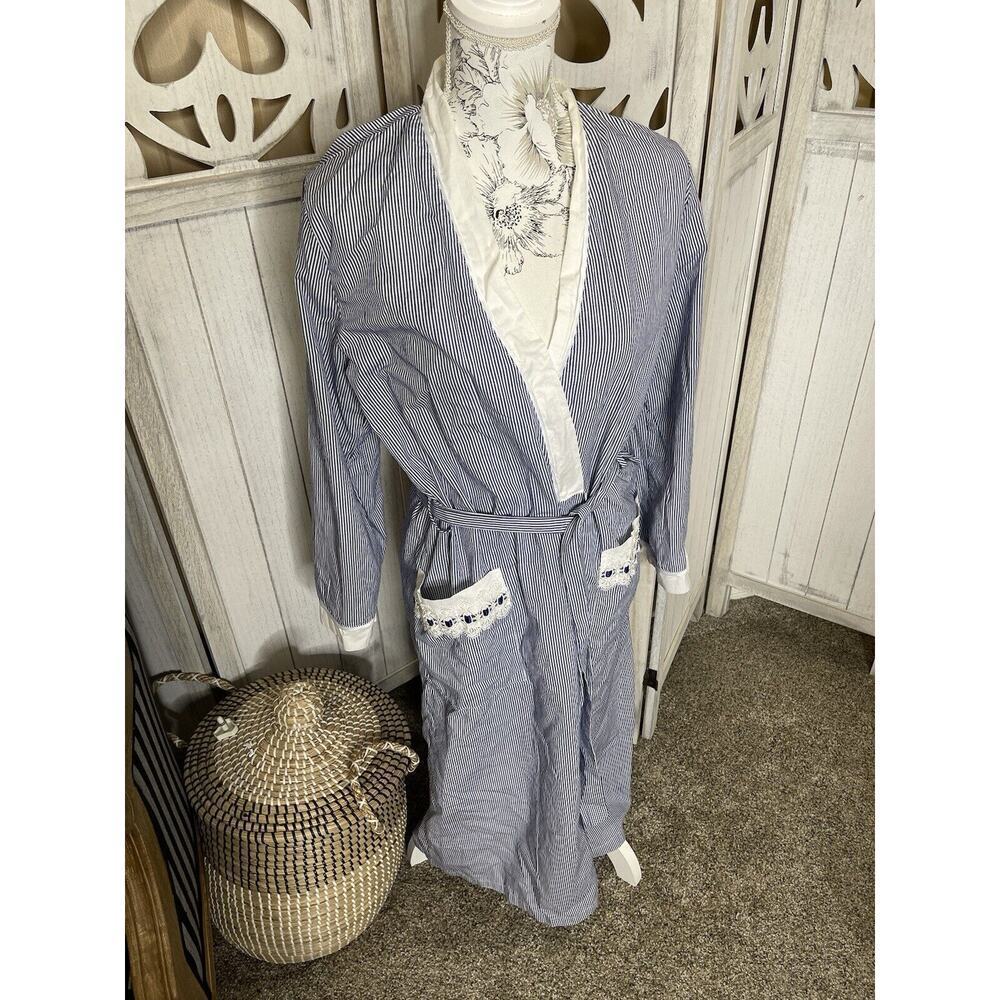 Celestial Dreams Women's Nightgown Small 4-6 L/S Blue White Stripe Robe Pockets